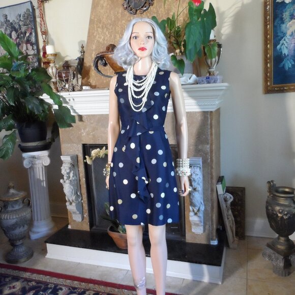 Kate Spade Navy Blue Multi Polka Dot Belted A Line Dress w/Front Ruffle Size 0 - Picture 1 of 16
